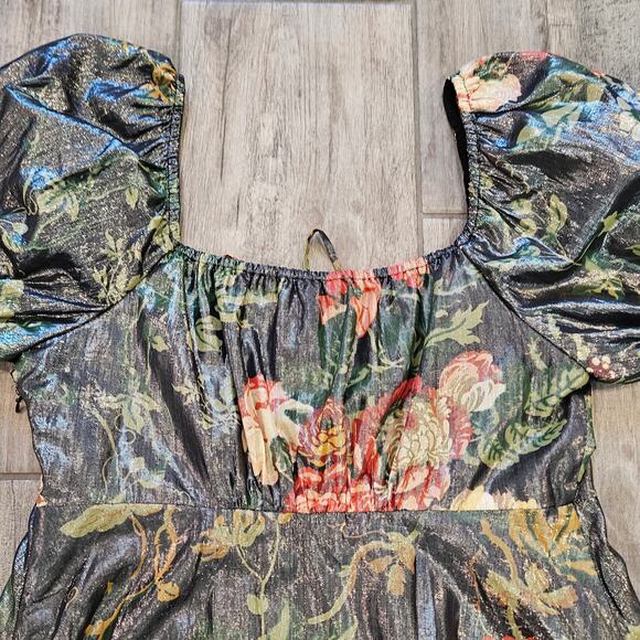 STAUD Camilla Dress  Size 8 Floral Metallic Puff Sleeve Mini Tie Front Coquette - Picture 11 of 16